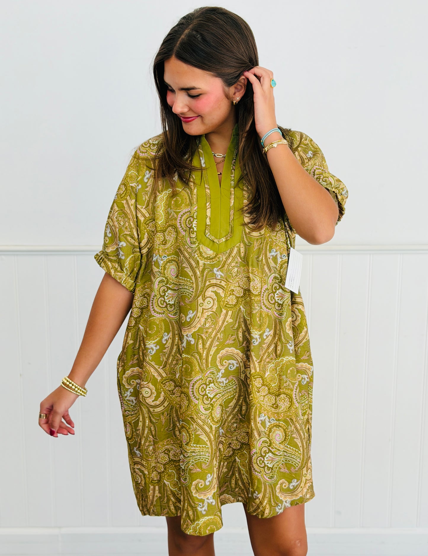 Sage Paisley Print Mini Shift Dress (Reg & Plus)