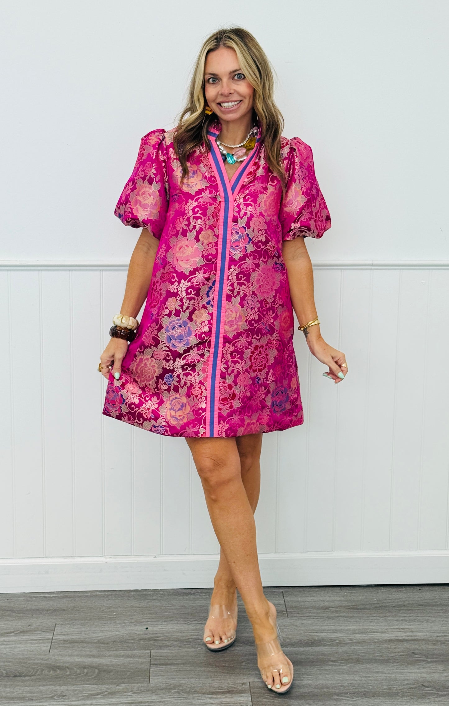 Magenta Floral Jacquard Mini Dress (Reg.)