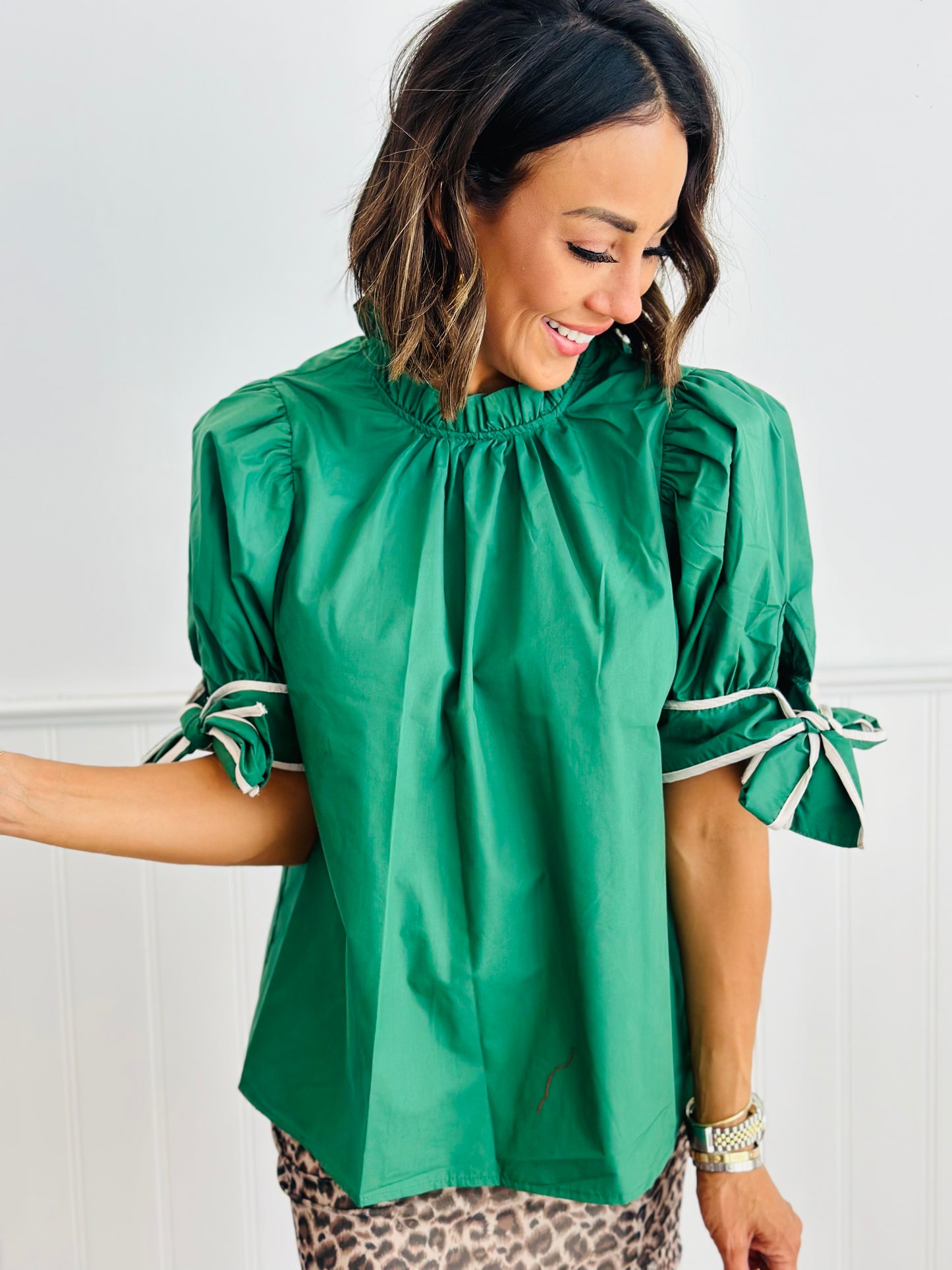 Hunter Green Bow Tie Sleeve Mock Neck Top (Reg)