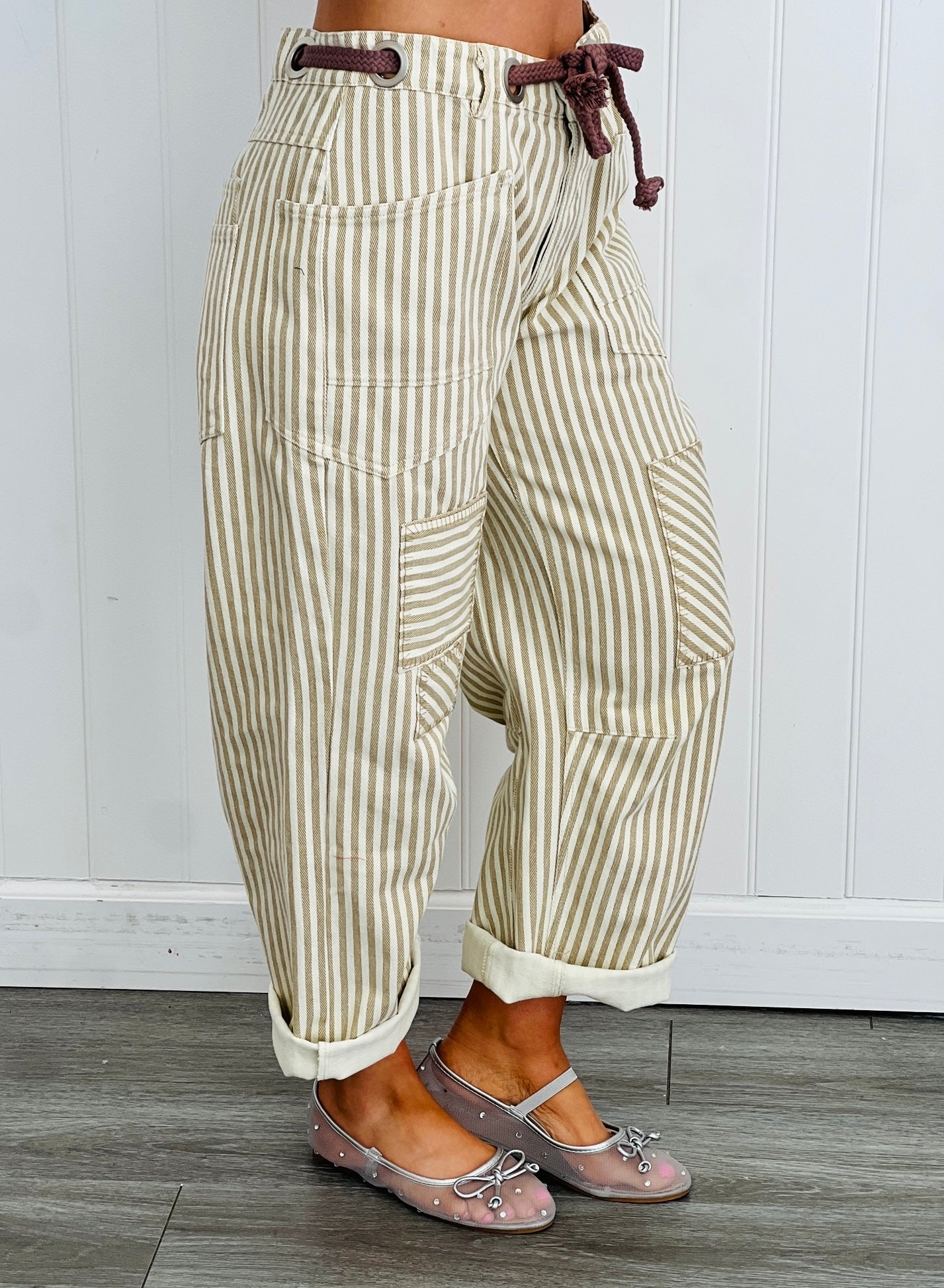 Oatmeal Striped Twill Barrel Pants (Reg & Plus)