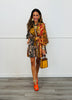 Brown Botanical Stripe Print Mini Dress (Reg & Plus)