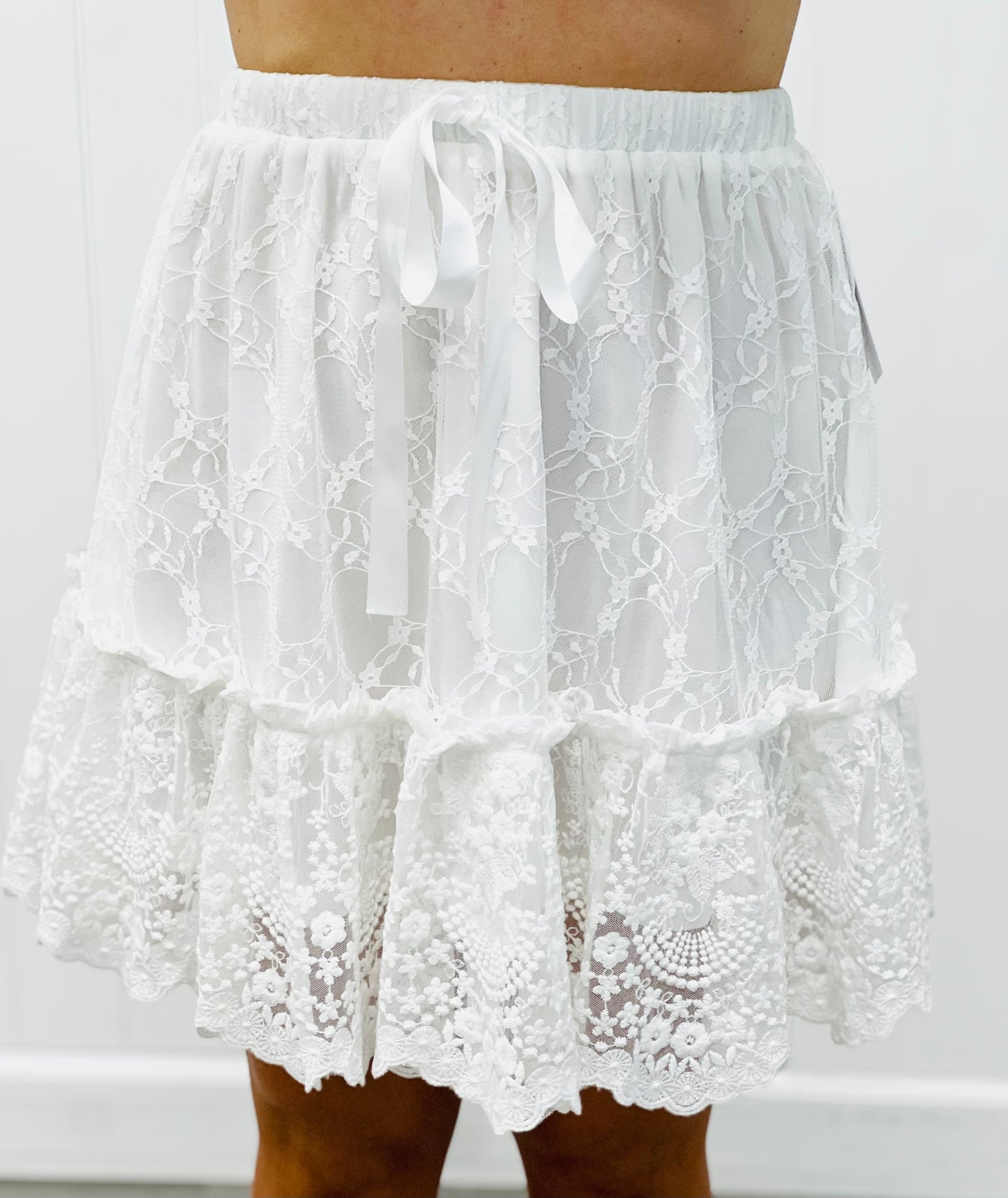 Lace Tiered Satin Bow Mini Skirt (Reg.)-3 Colors