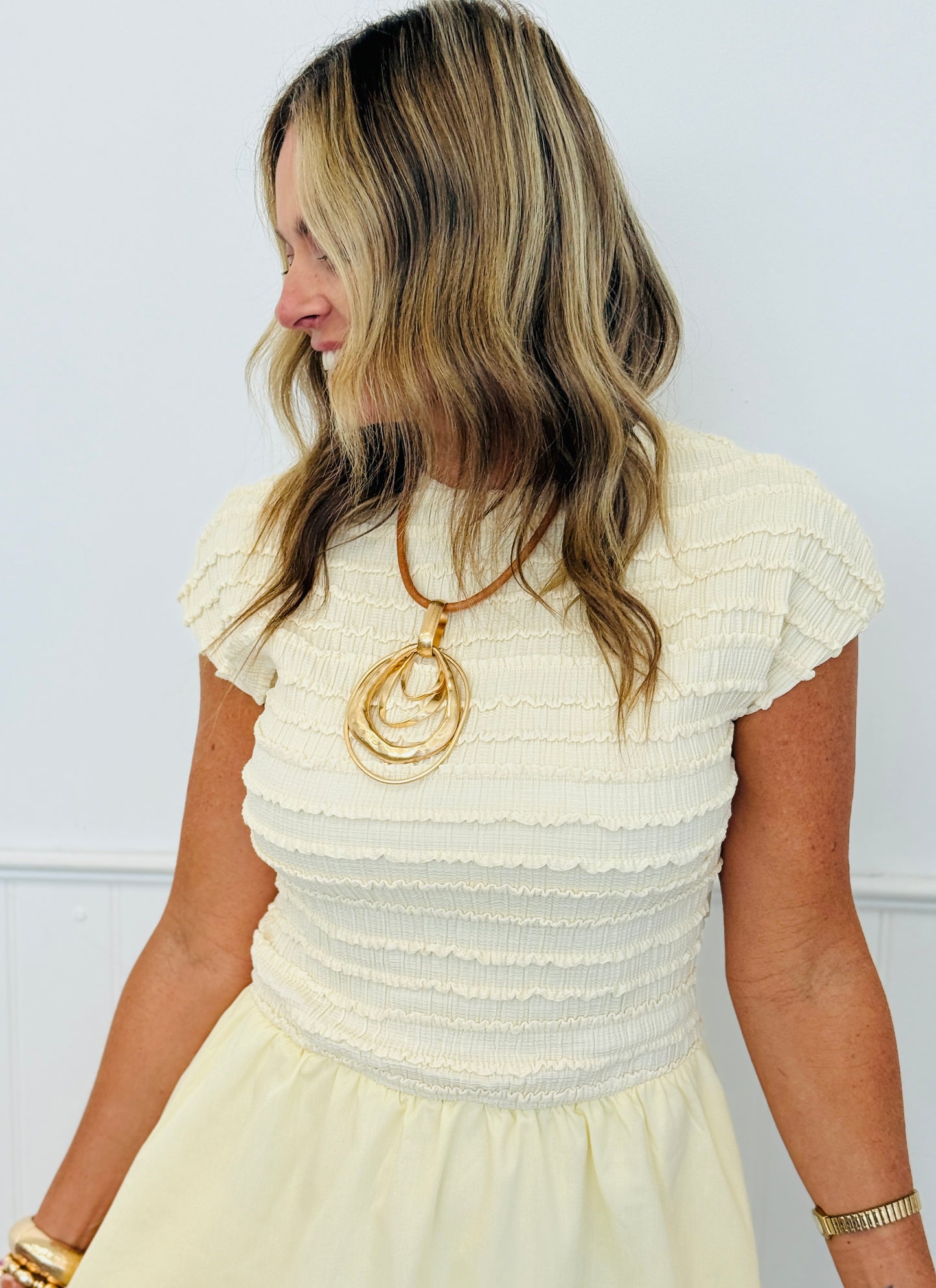 Pale Yellow Shirred Midi Dress (Reg & Plus)