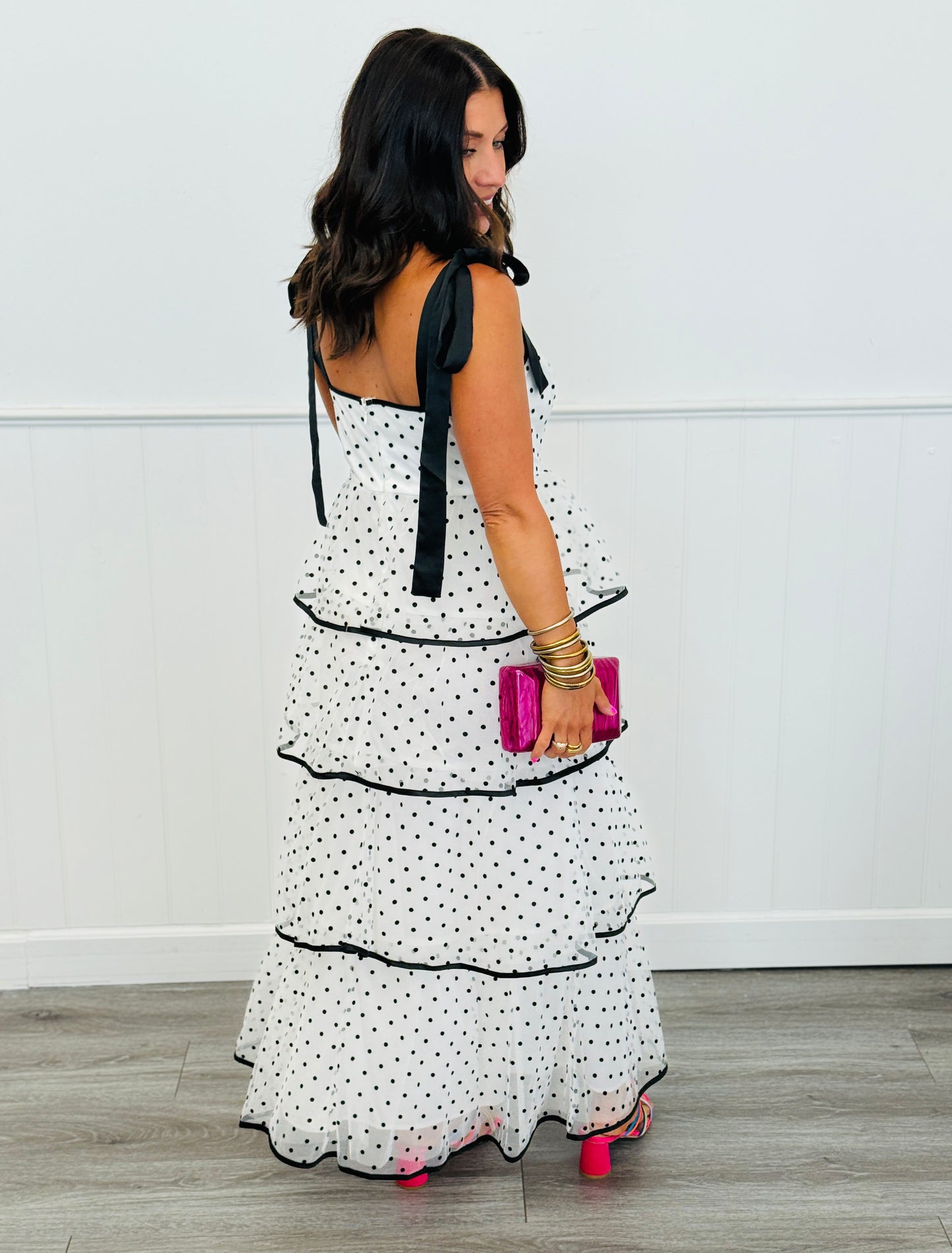 White/Black Polka Dot Tiered Mesh Maxi Dress (Reg.)