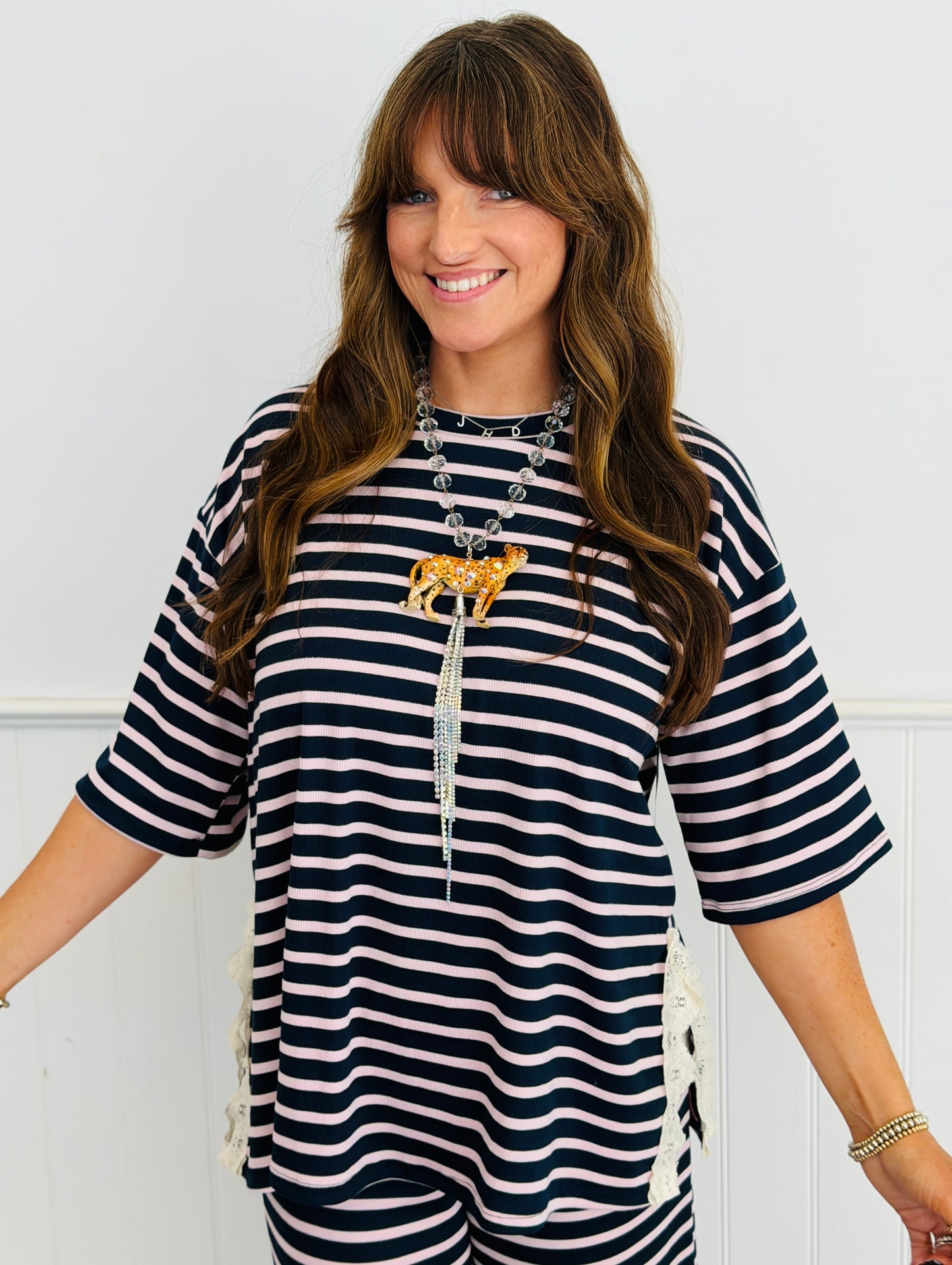 Striped Lace Side Slit Top (Reg. and Plus) - 6 Colors