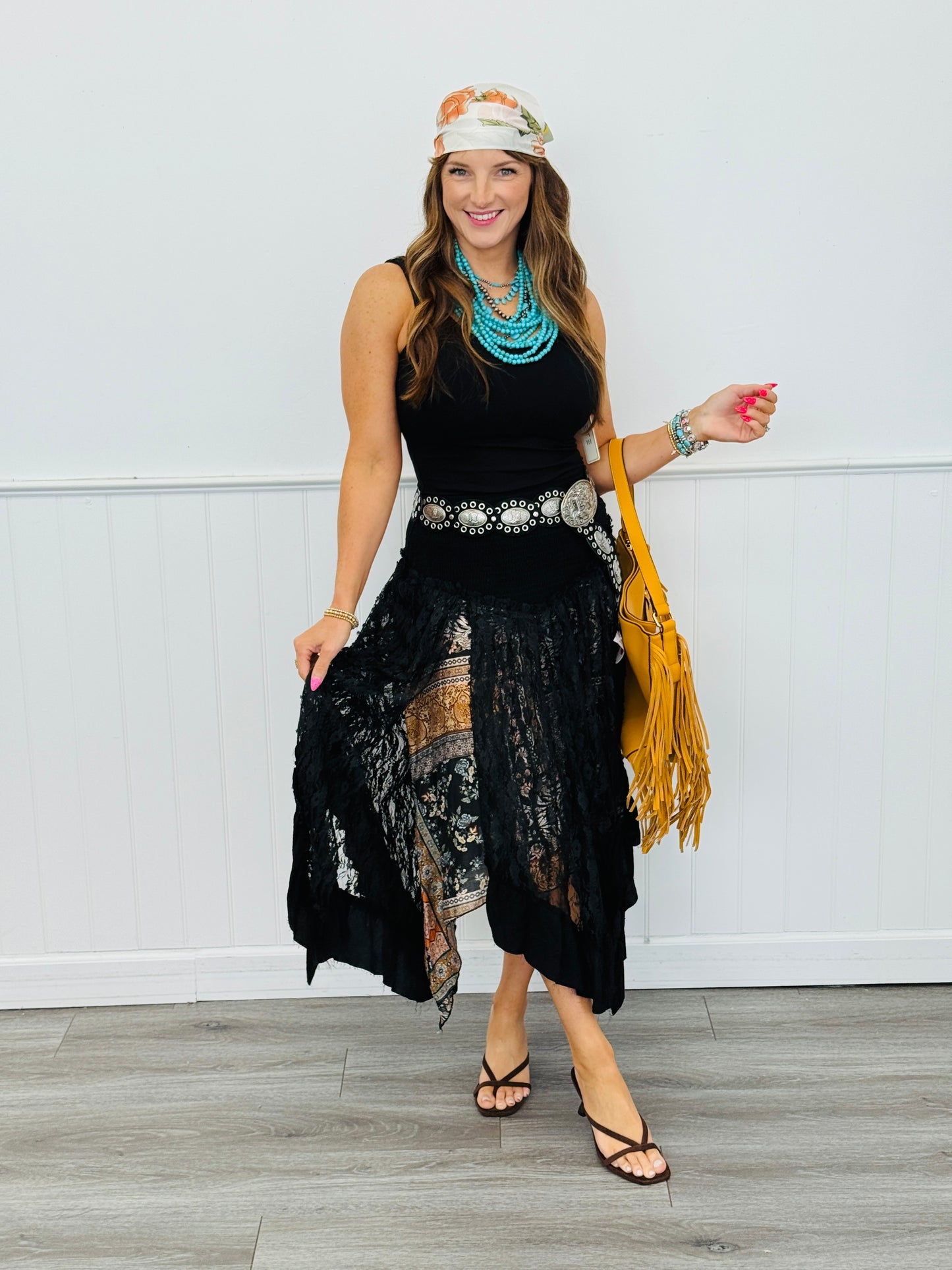POL Black Print & Lace Front Slit Maxi Skirt (Reg.)