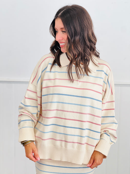Cream Multi Stripe Collared Polo Sweater Top (Reg.)
