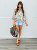 Crinkle Polka Dot Ruffled Hem Button Up Top (Reg.)