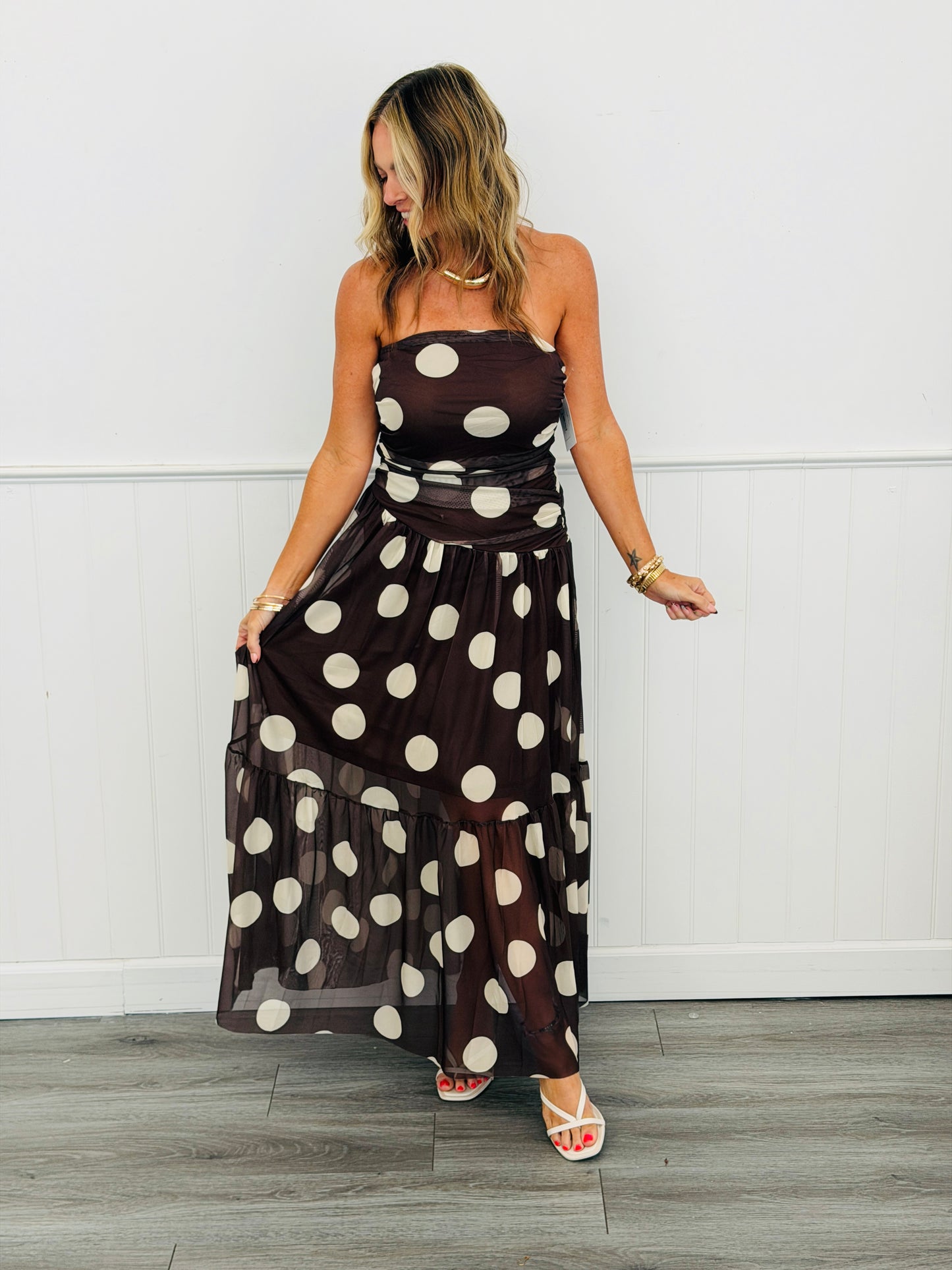 Brown Polka Dot Tube Maxi Dress (Reg and Plus)