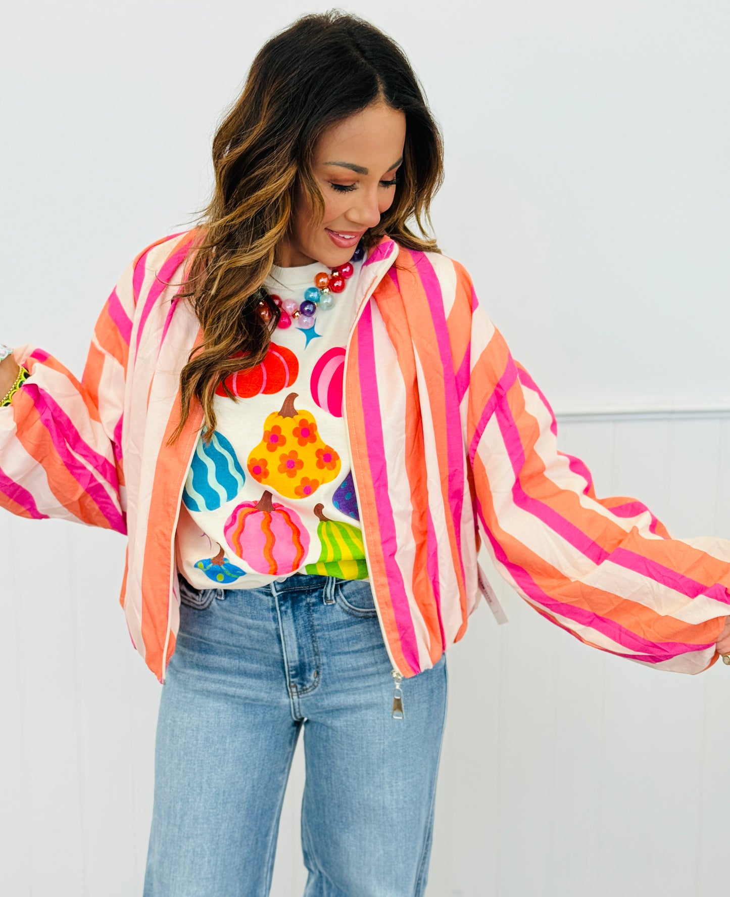 Orange/Pink Striped Zip Up Jacket (One Size)