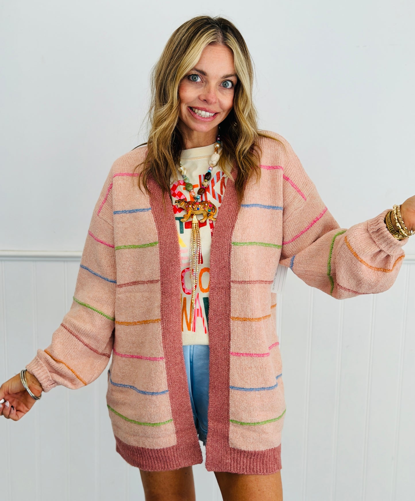 Pink Multi Striped Open Front Cardigan (Reg.)