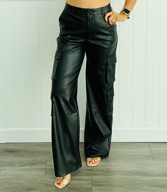 Black Faux Leather Cargo Pants (Reg)