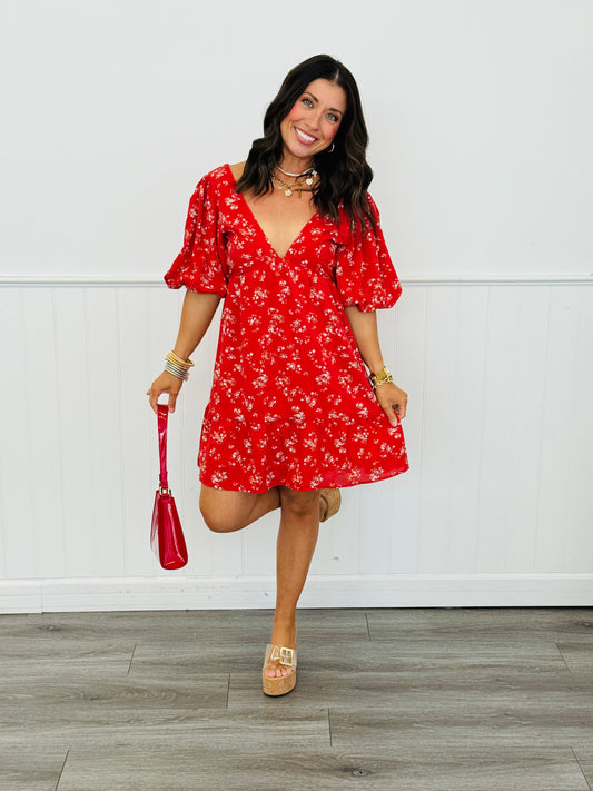 Red Multi Floral V-Neck Mini Dress (Reg.)