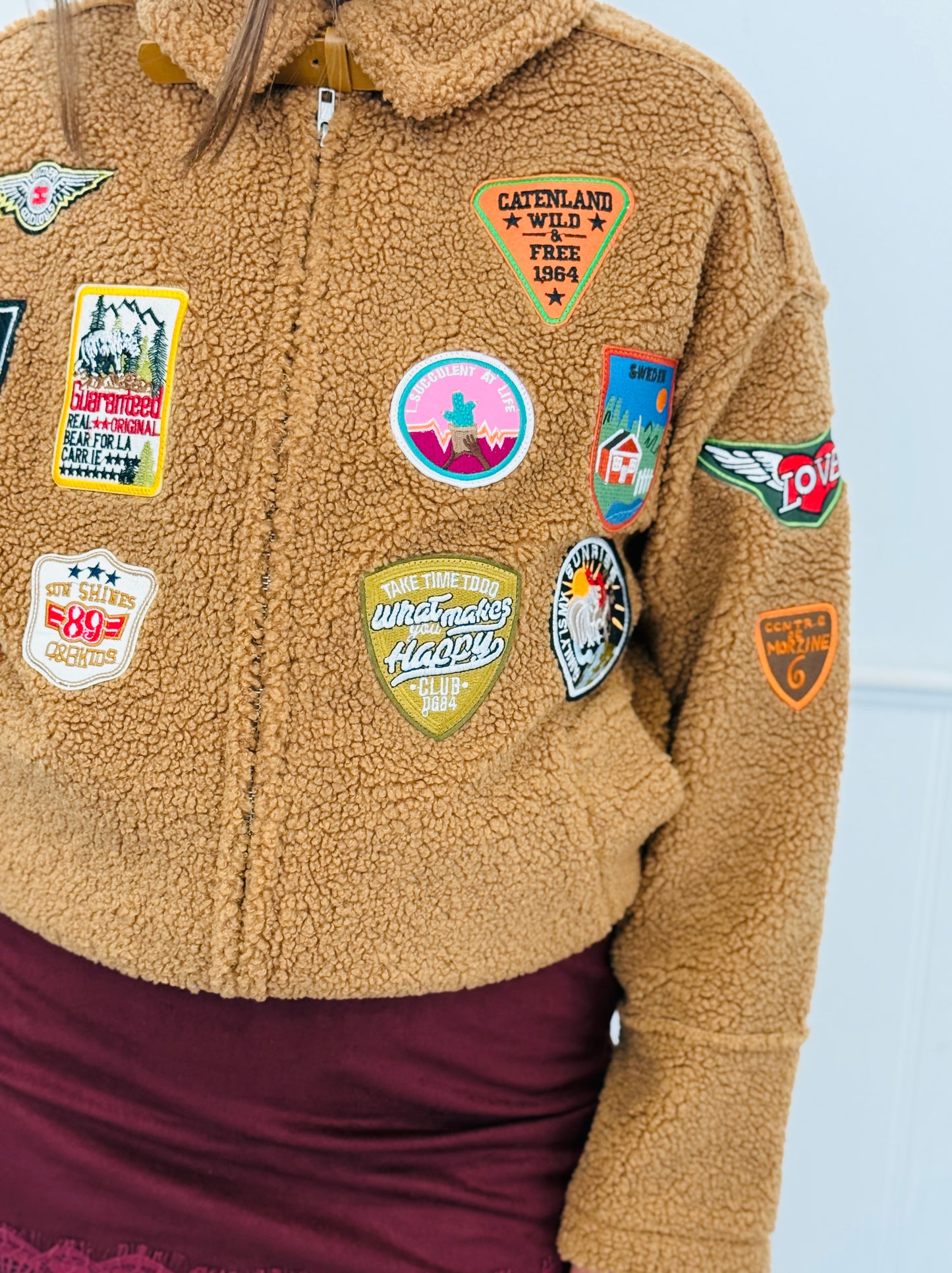 Taupe Camp Patch Sherpa Zip Up Jacket (Reg & Plus)