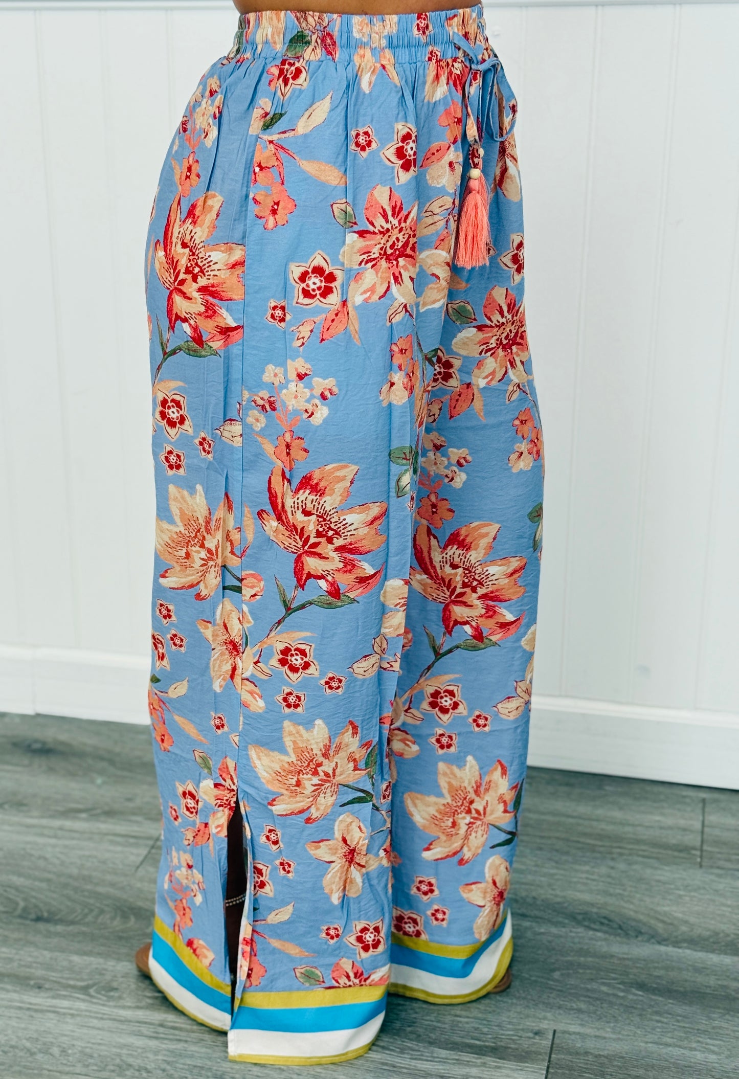 Lt. Blue Multi Floral Printed Wide Leg Pants (Reg. and Plus)