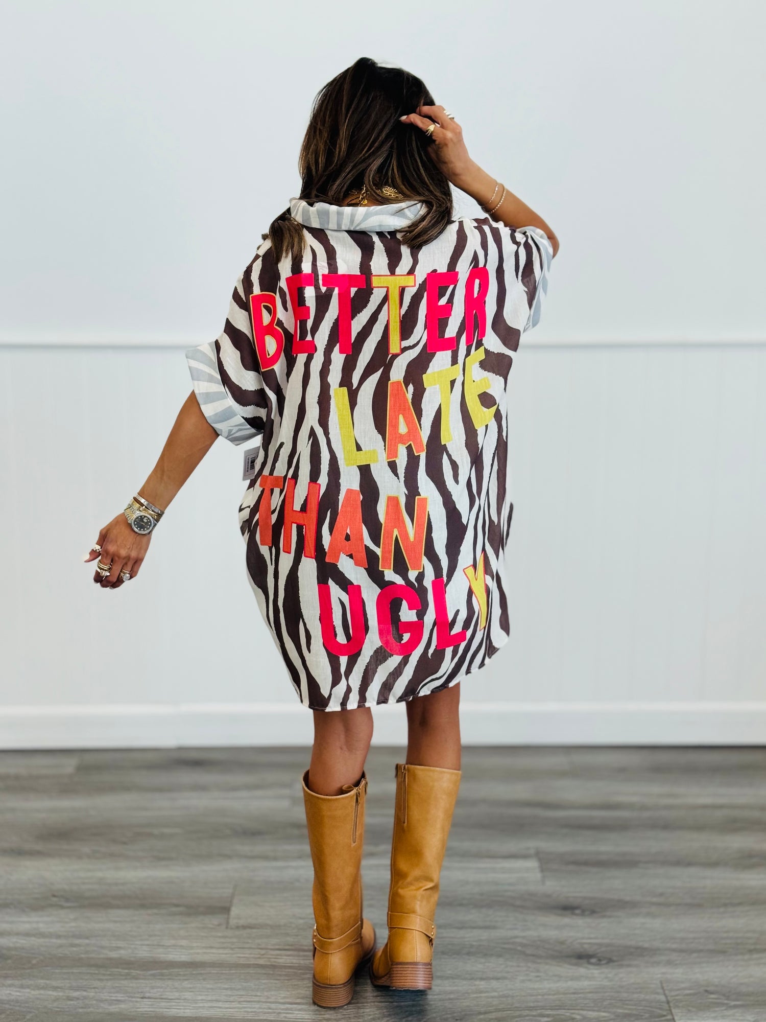 Brown Zebra/Stripe Better Late Than Ugly Top (One Size) Walker Rose Boutique Brown Zebra/Stripe Better Late Than Ugly Top (One Size) Walker Rose Boutique