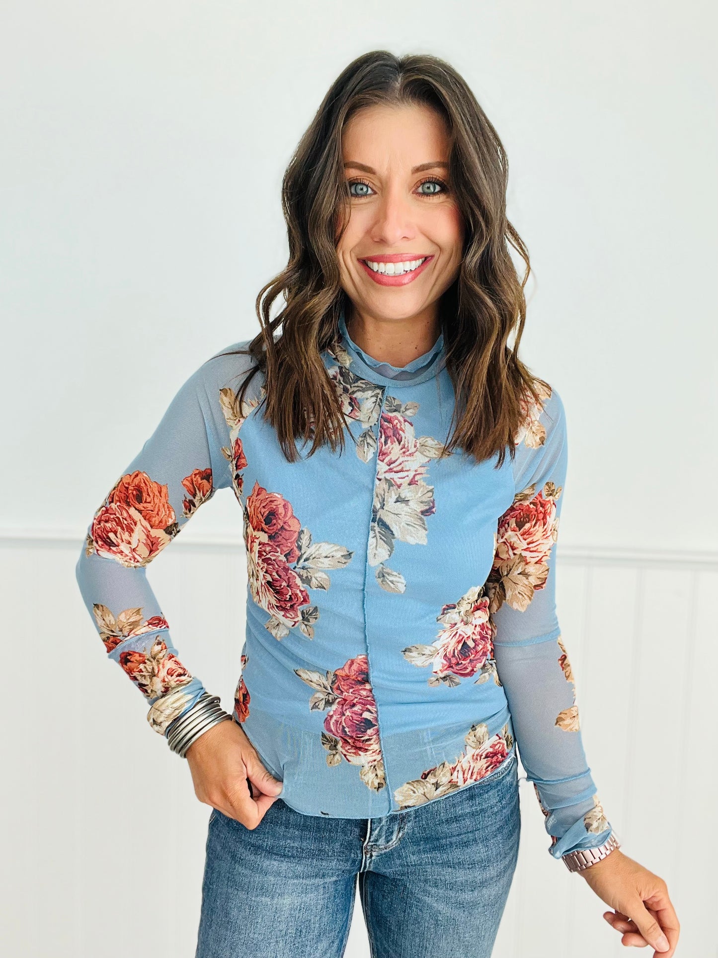 Blue Floral Mesh Top (Reg & Plus)