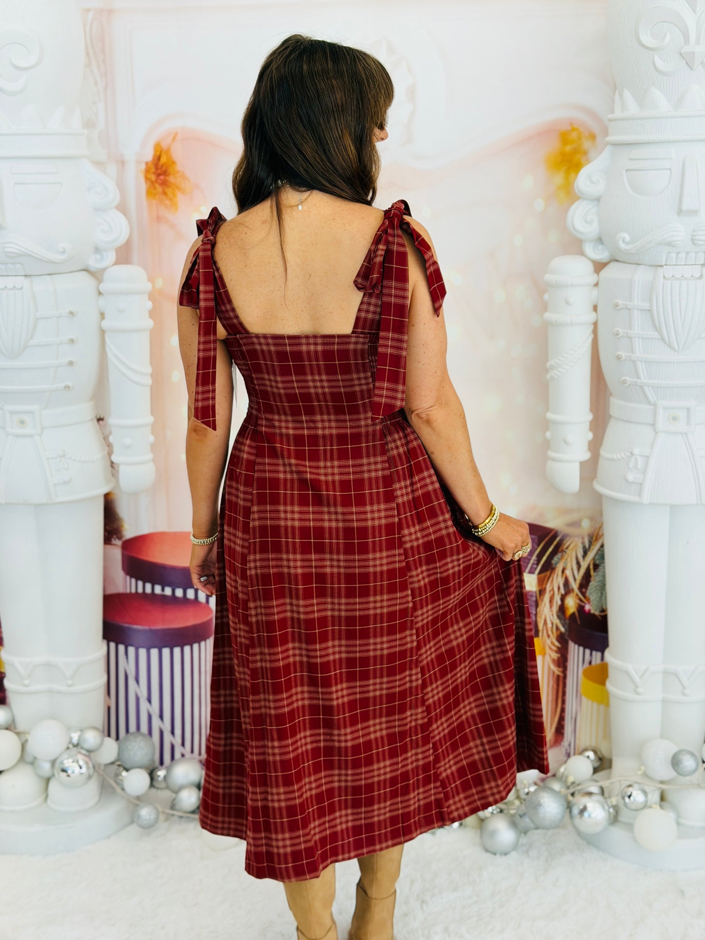 Brick Plaid Tie Straps Midi Dress (Reg & Plus)