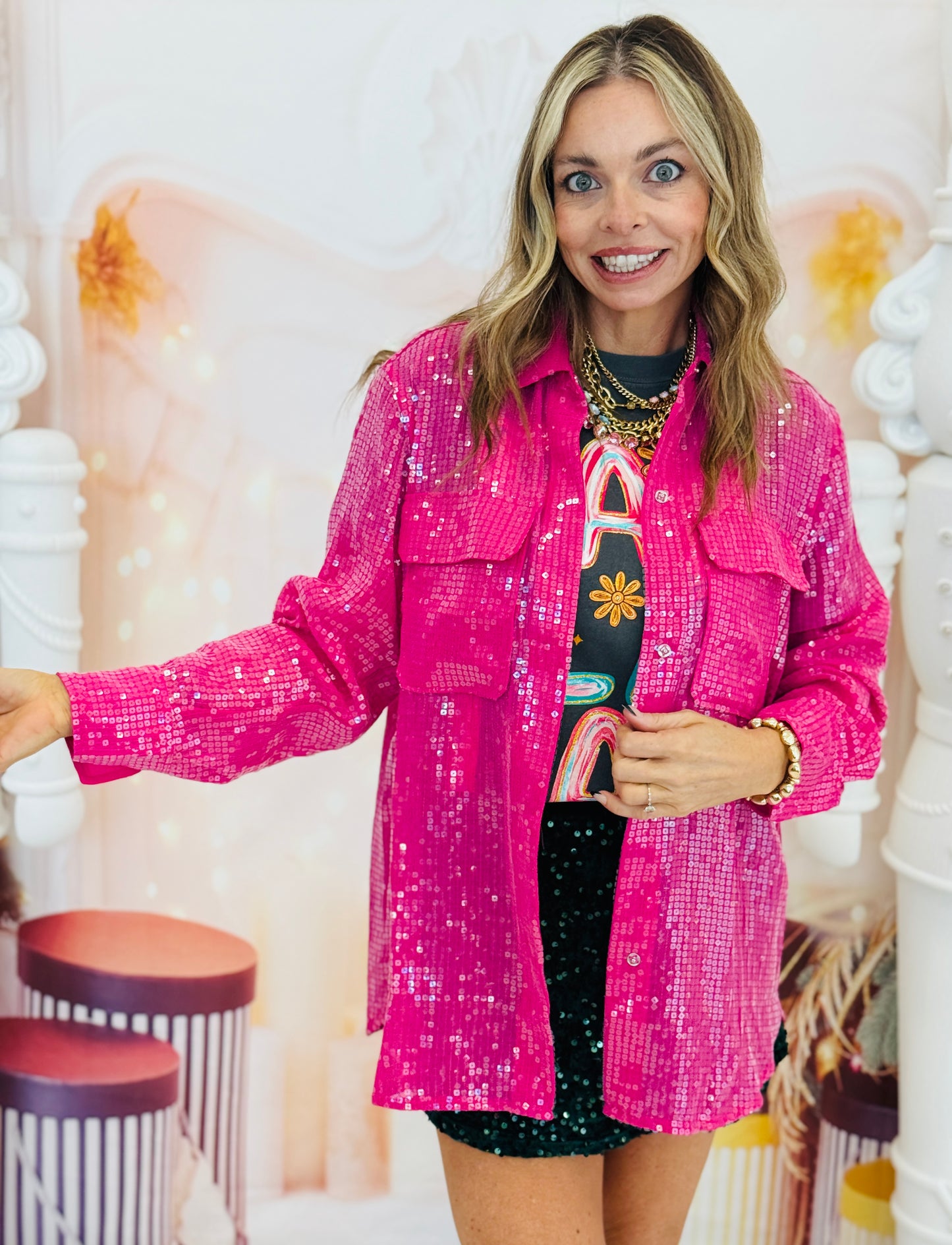 Fuchsia Sequin Button Up Blouse (Reg.)