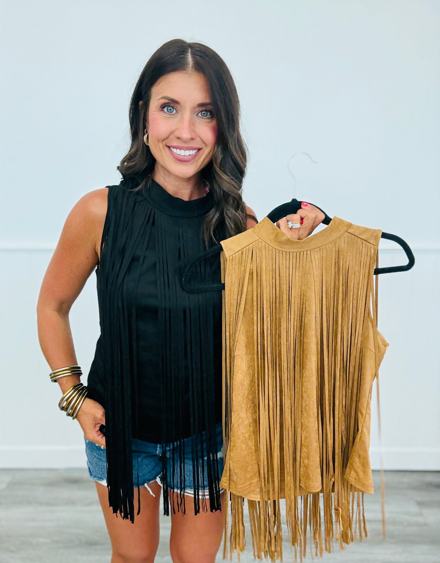 Fringe Suede Mock Neck Top (Reg.)-2 Colors
