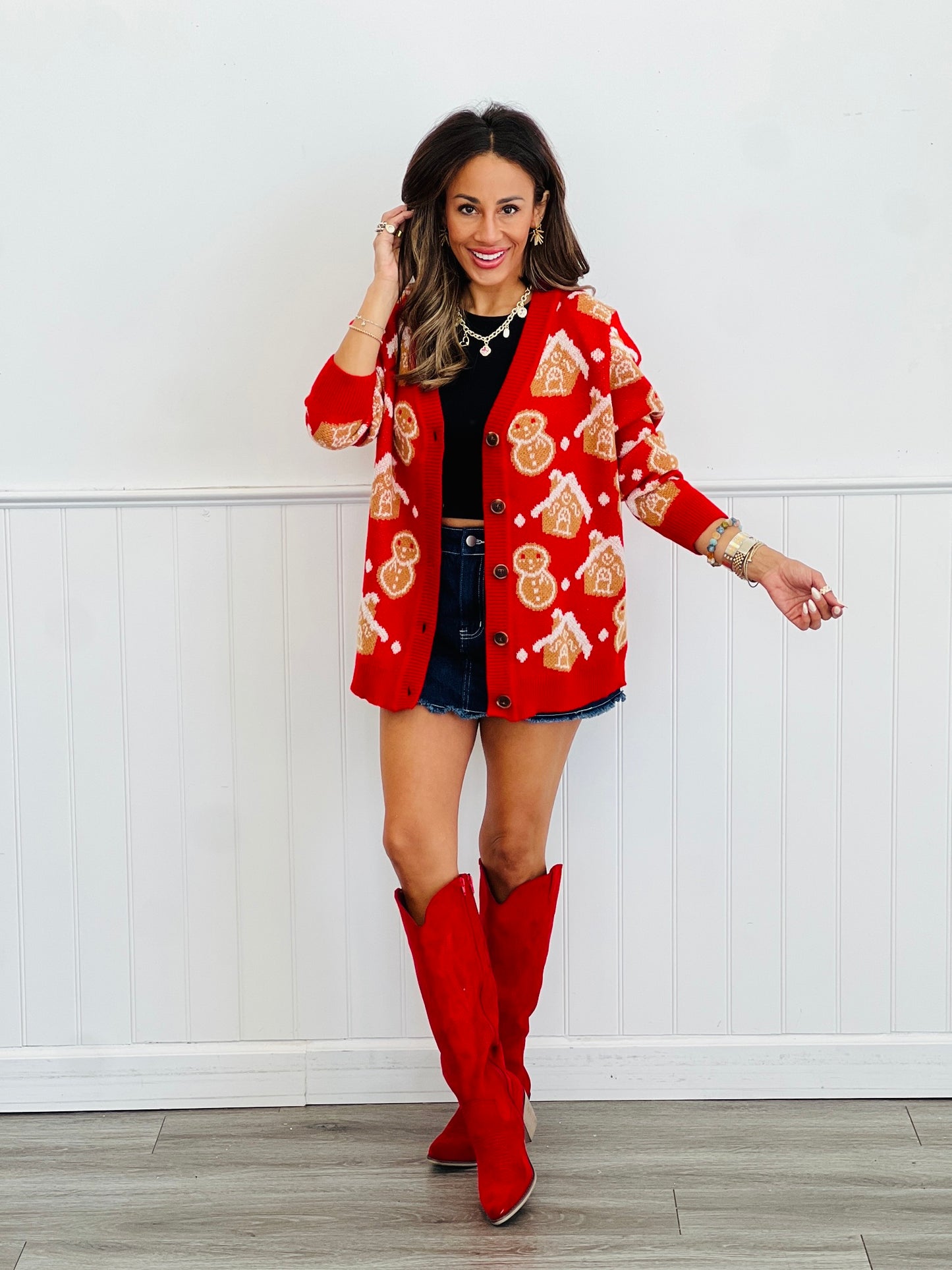 Red Gingerbread Man/Houses Button Up Cardigan (Reg. and Plus)