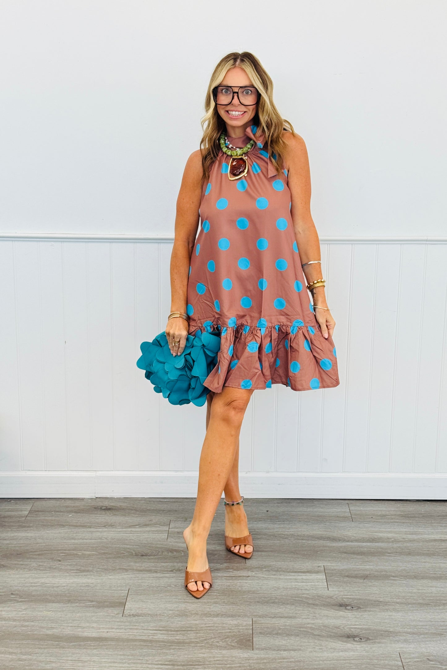 Camel Polka Dot Adjustable Tie Neck Sleeveless Mini Dress (Reg.)