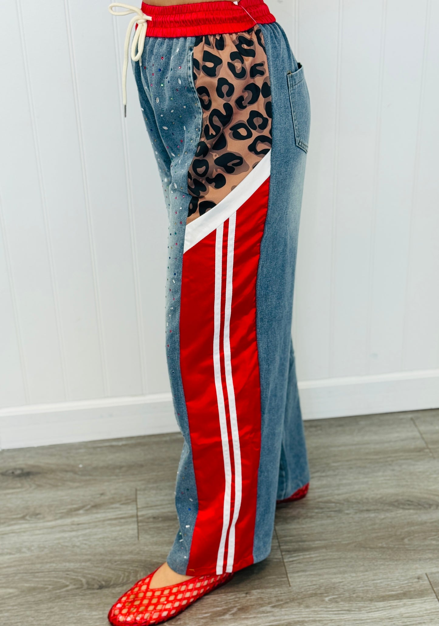 Red/ Denim Rhinestone Jogger Pants (Reg & Plus)