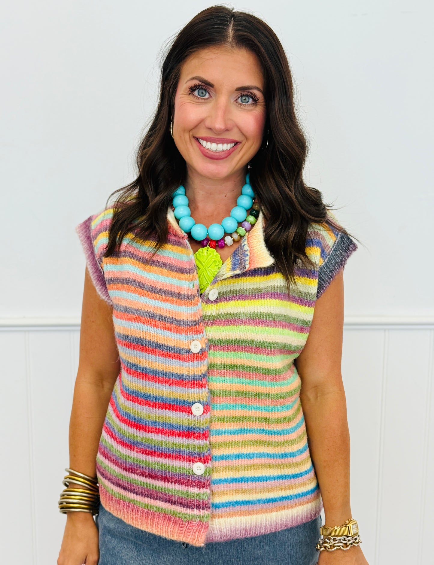 Multi Striped Button Up Sweater Vest (Reg.)