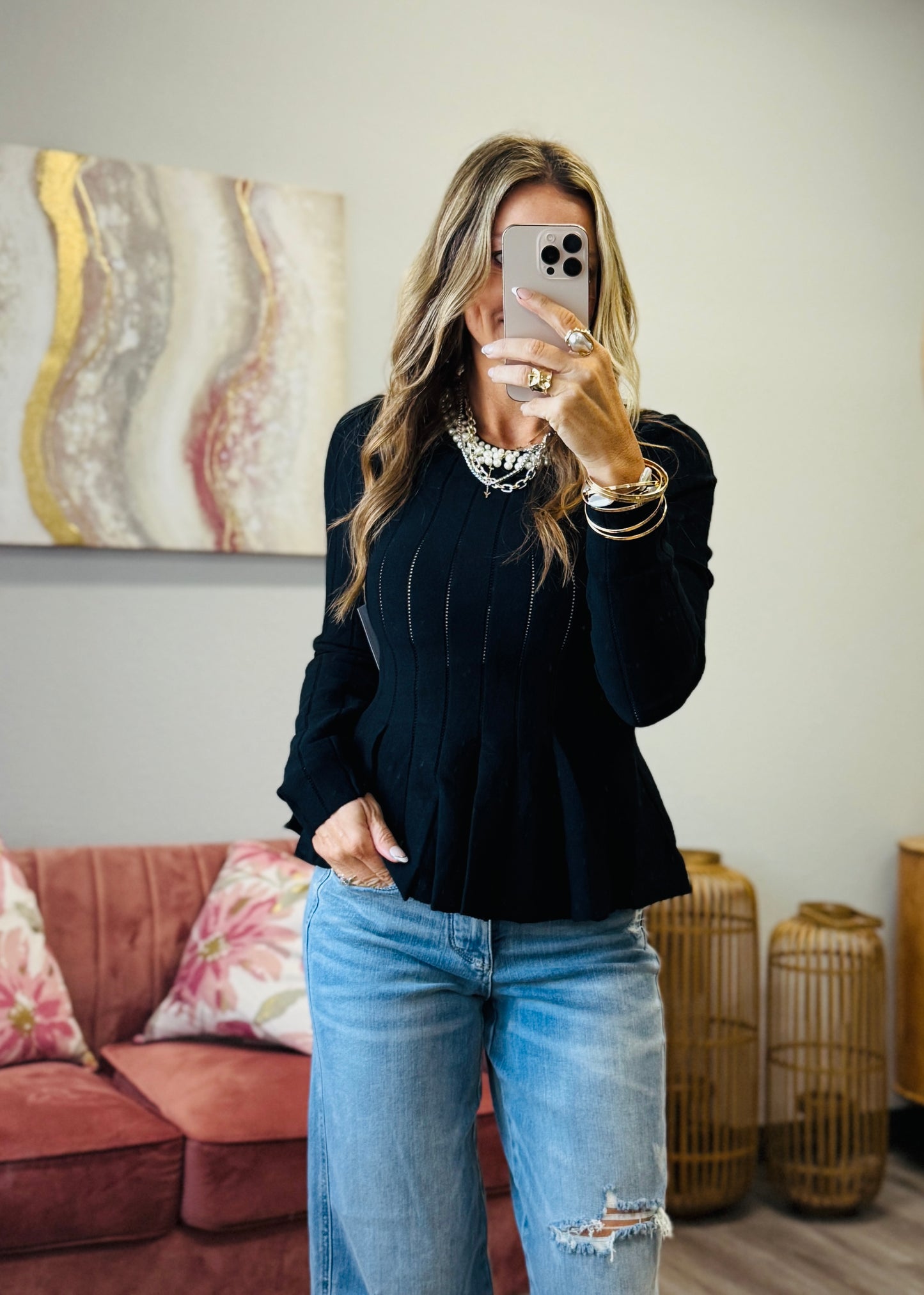 Pearl Detail Neckline Long Sleeve Top (Reg.) - 3 Colors