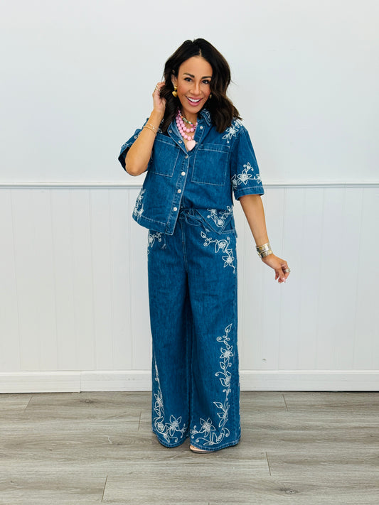 Floral Embroidered Denim Shirt & Pant Set (Reg.)