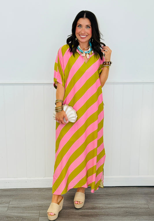 Kiwi Pink Diagonal Stripe Midi Dress (Reg & Plus)