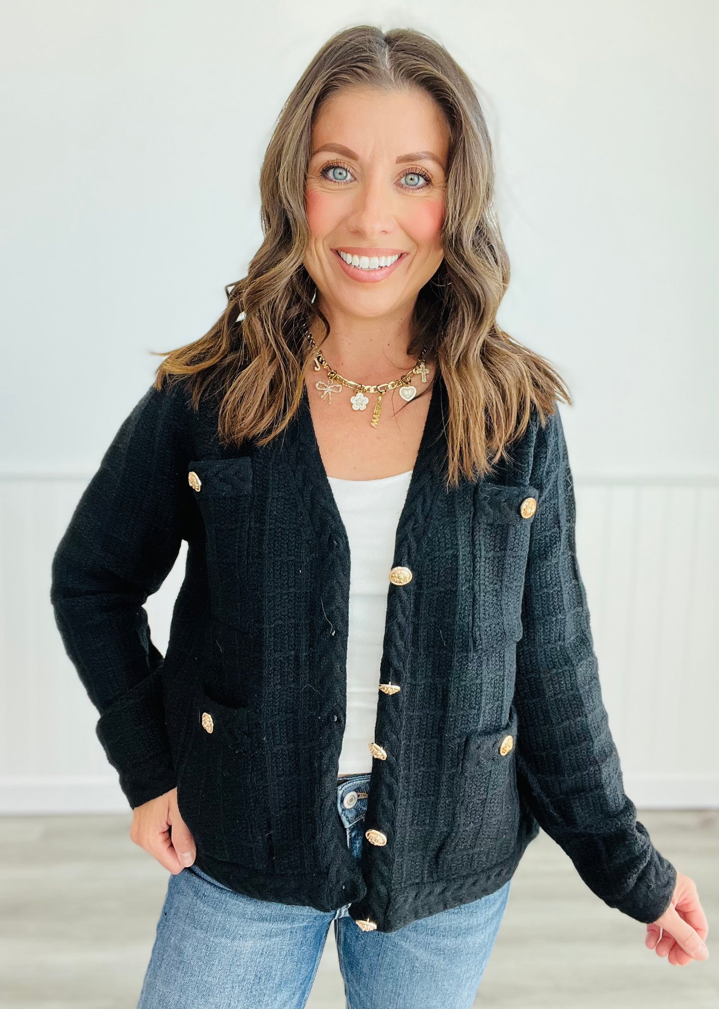 Black Wavy Waffle Sweater Cardigan (Reg)