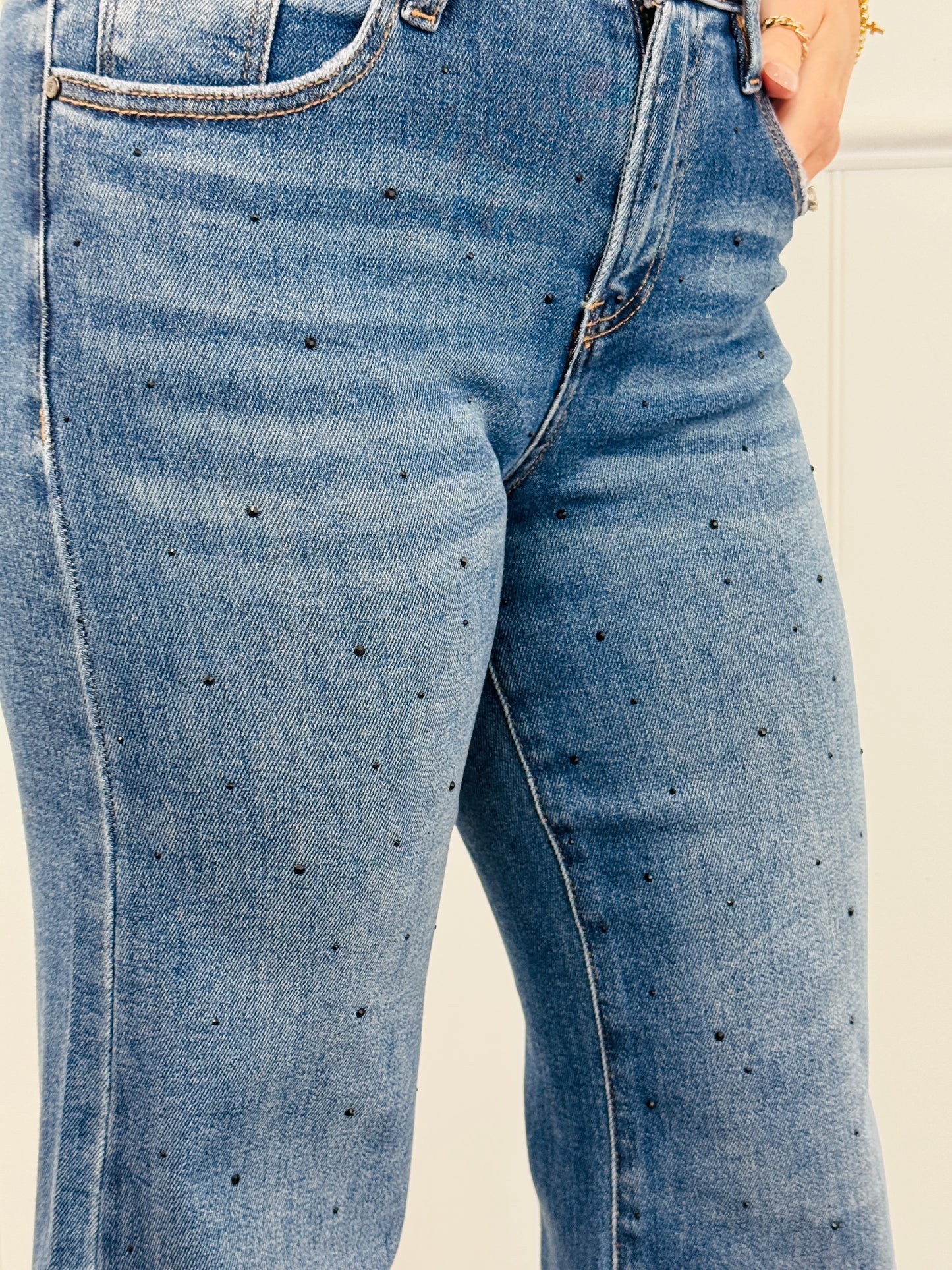 Risen Midnight Shine Rhinestone Wide Leg Jeans (Reg & Plus)