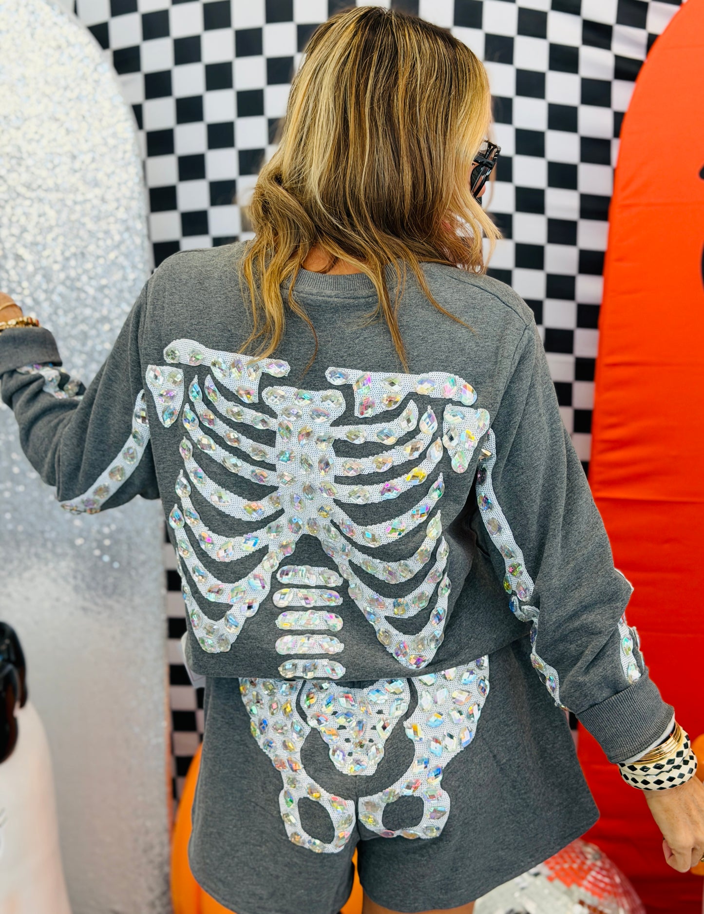 Queen Of Sparkles Charcoal Iridescent Jeweled Skeleton Sweatshirt (Reg. and Plus)