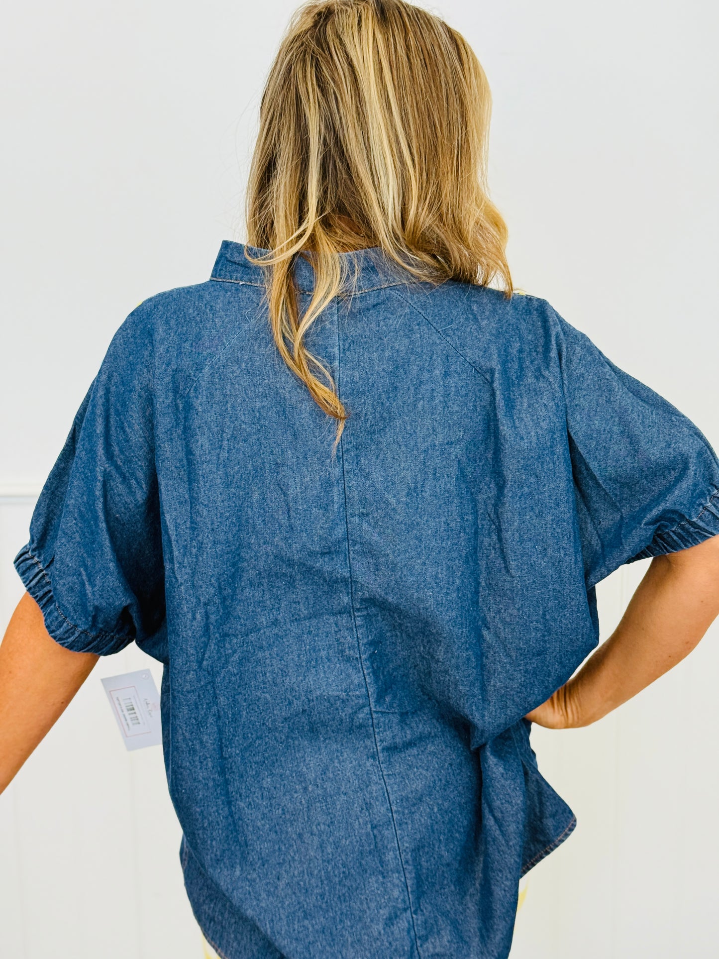 Denim Puff Sleeve Embroidered Top (Reg & Plus) - 2 Colors