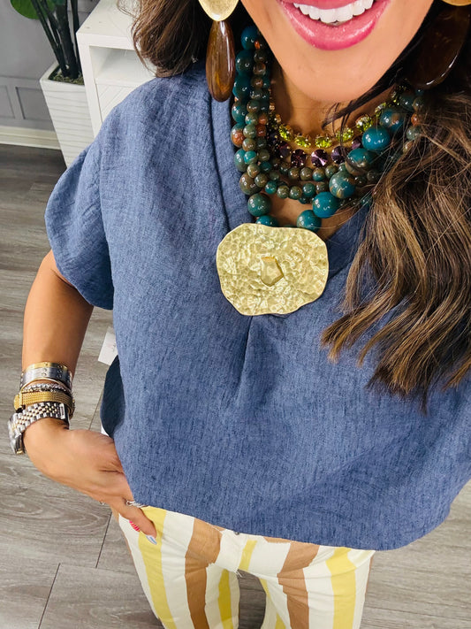 Denim Blue V-Neck Short Sleeves Bouse (Reg. and Plus)
