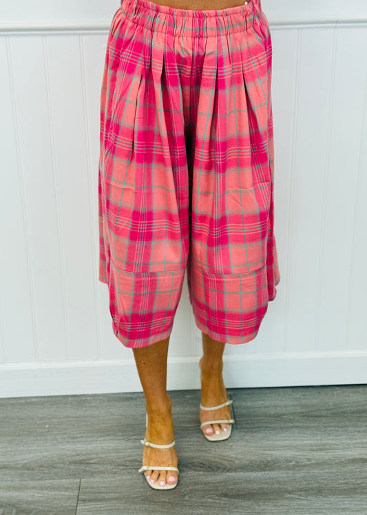 Hot Pink Plaid Wide Leg Capri Pants (Reg.)