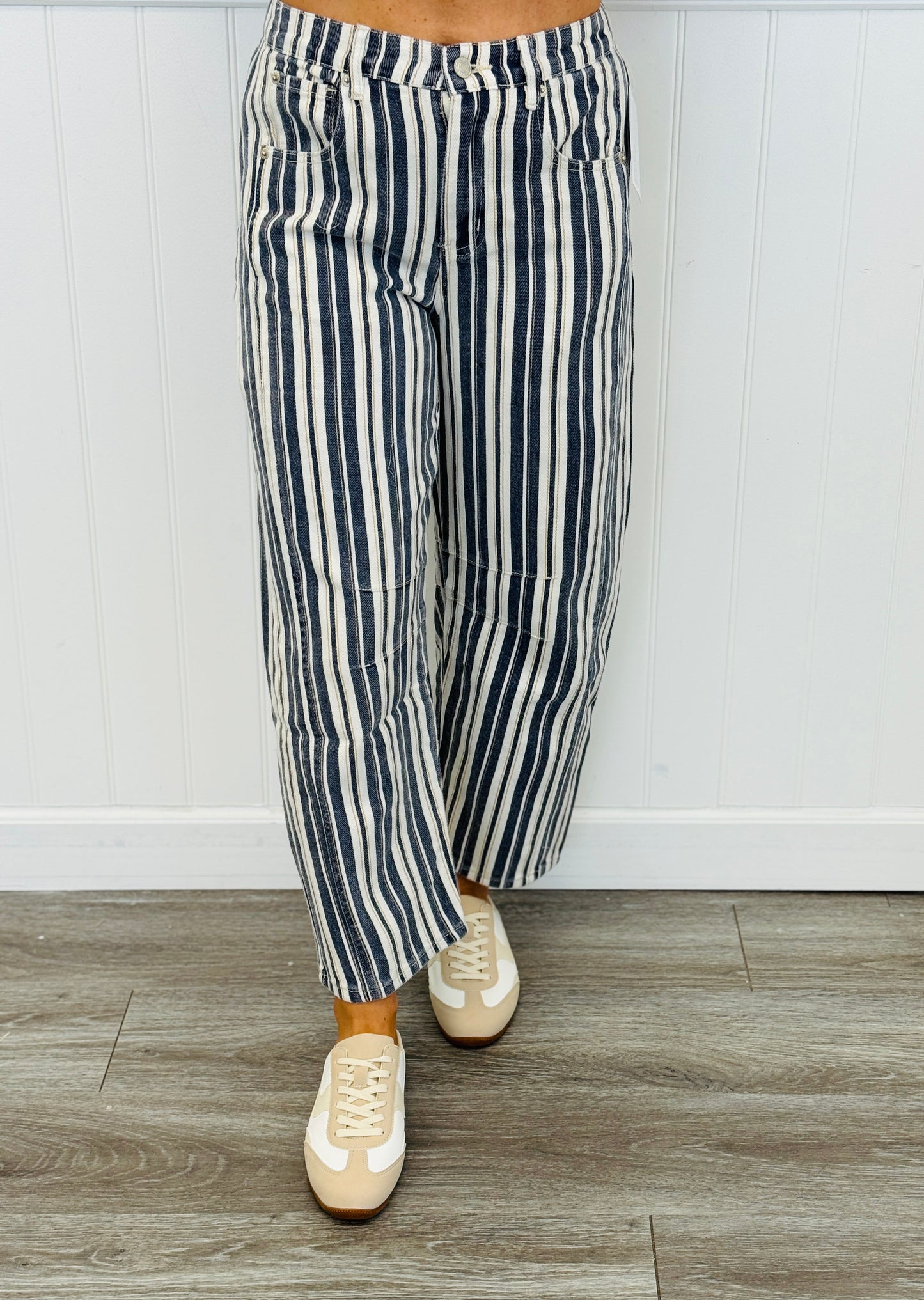 Navy Striped Barrel Pants (Reg.)