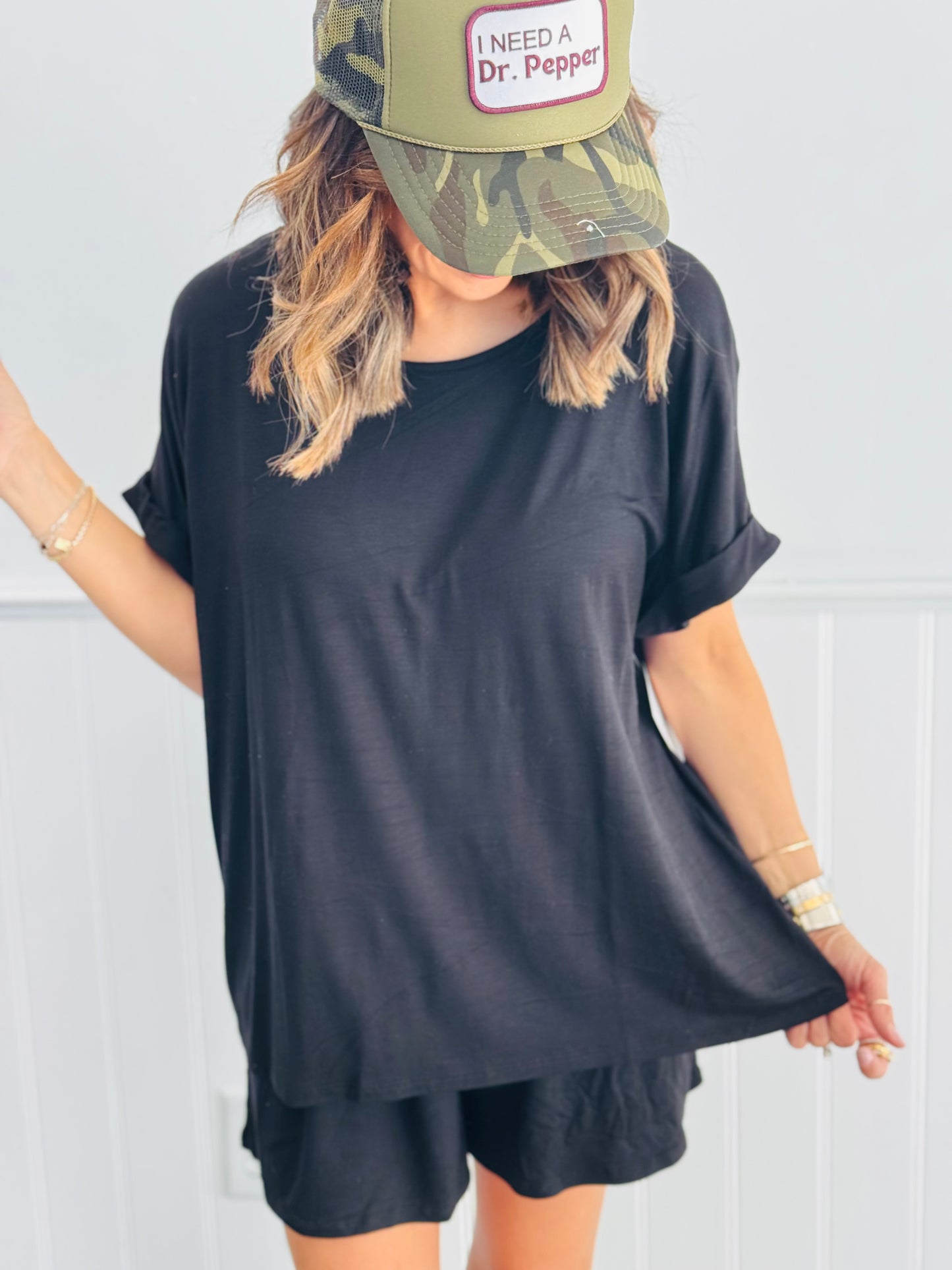 Black Short Sleeve Top And Shorts Set (Reg. & Plus)