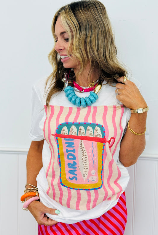 Pink Striped Sardines Bling Tee (Reg. and Plus)