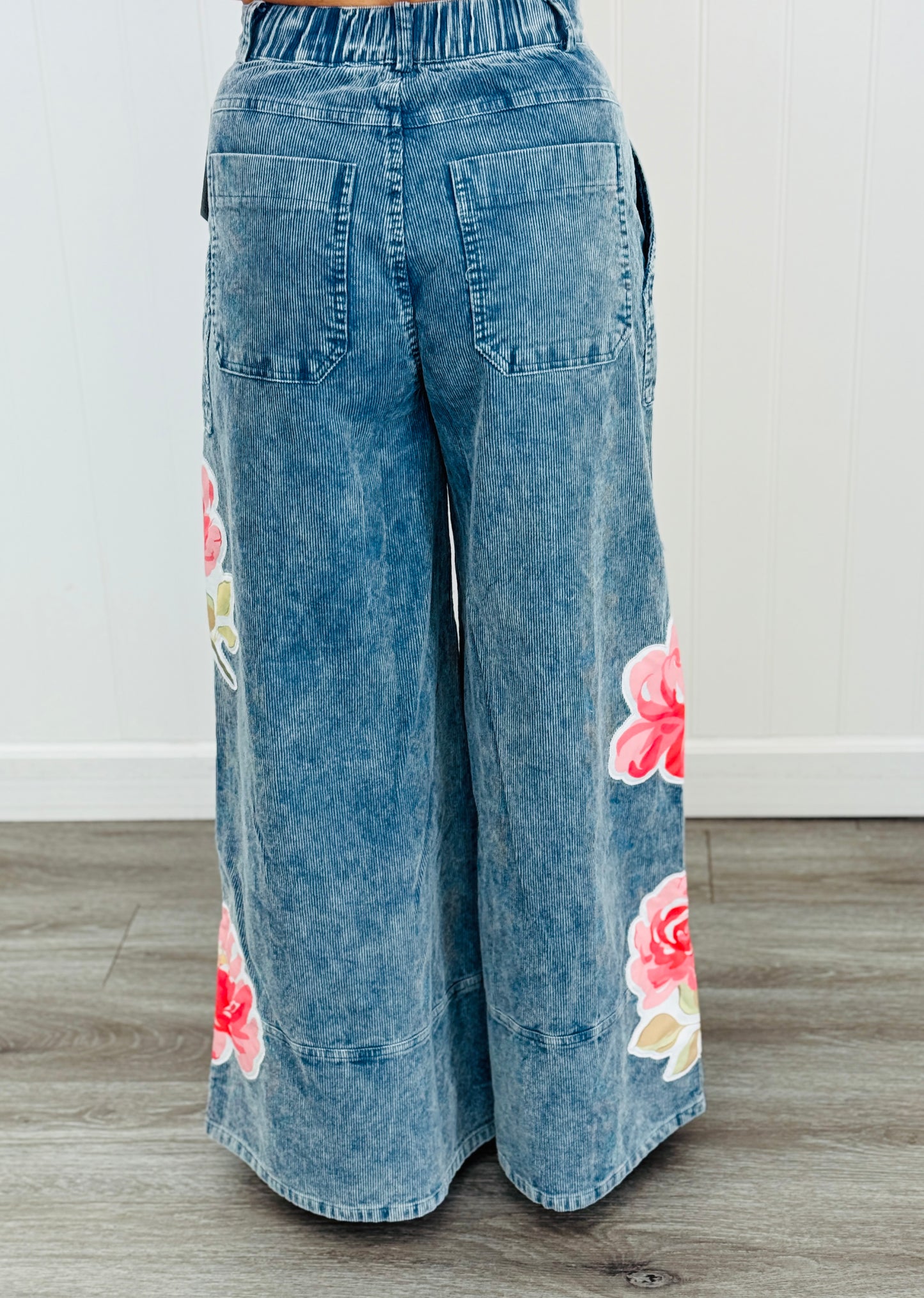Washed Blue Denim Floral Patch Pants (Reg & Plus)