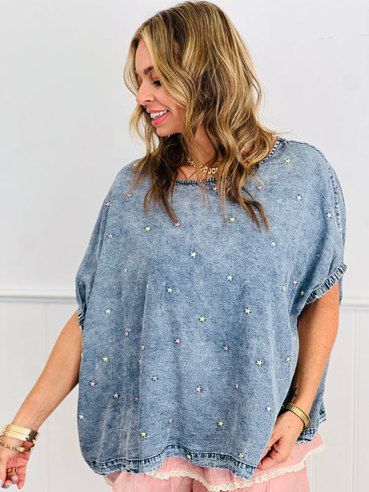 Denim Embroidered Stars Top (Reg. and Plus)