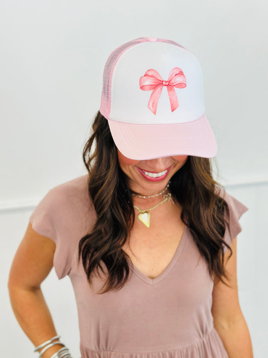 Light Pink/ White Bow Trucker Hat