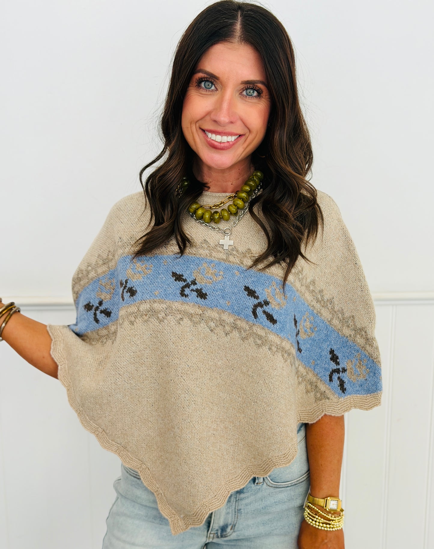 Beige Knit Sweater Poncho (Reg)