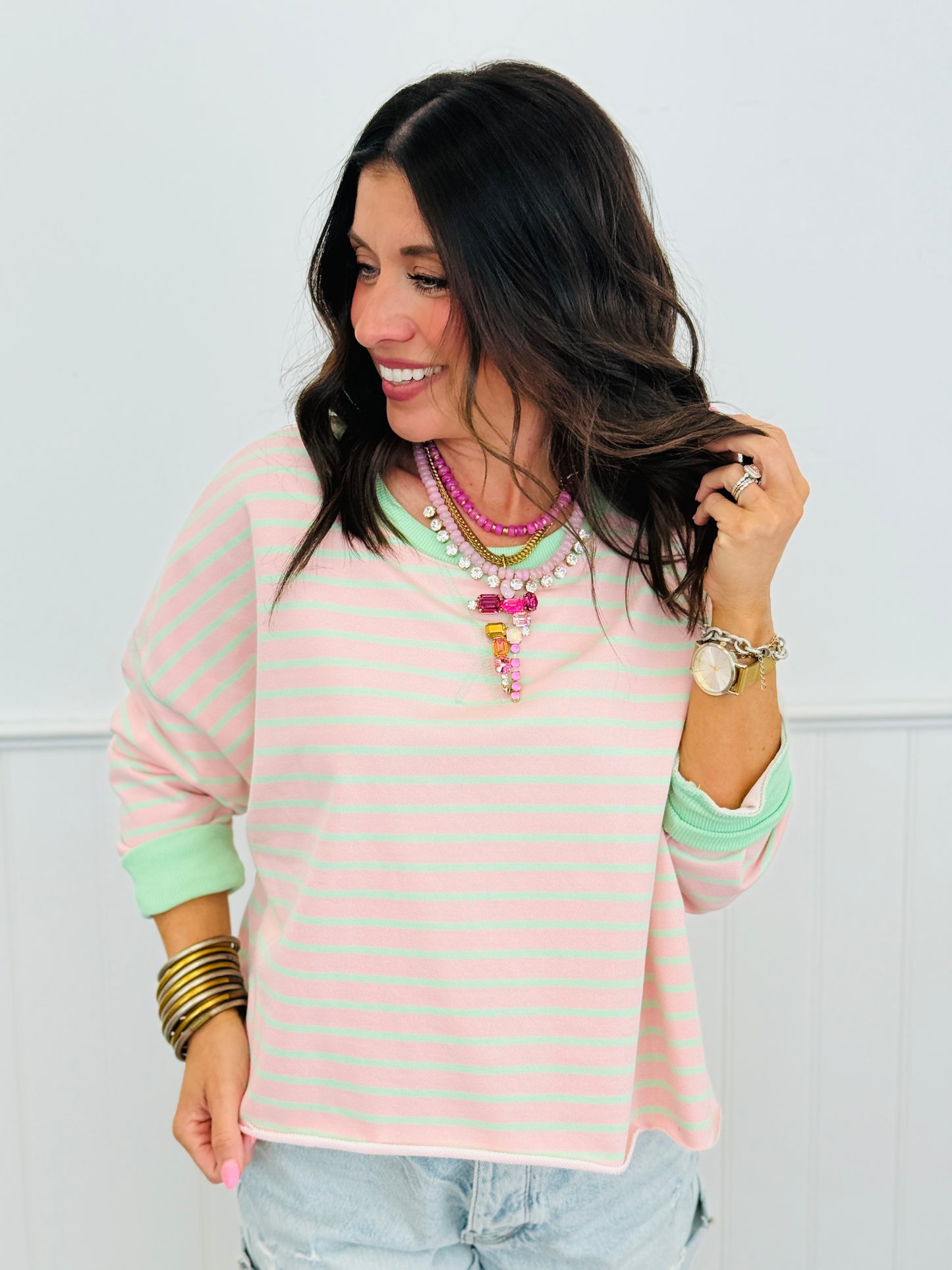 Pink/Mint Striped Boxy Sweatshirt (Reg.)