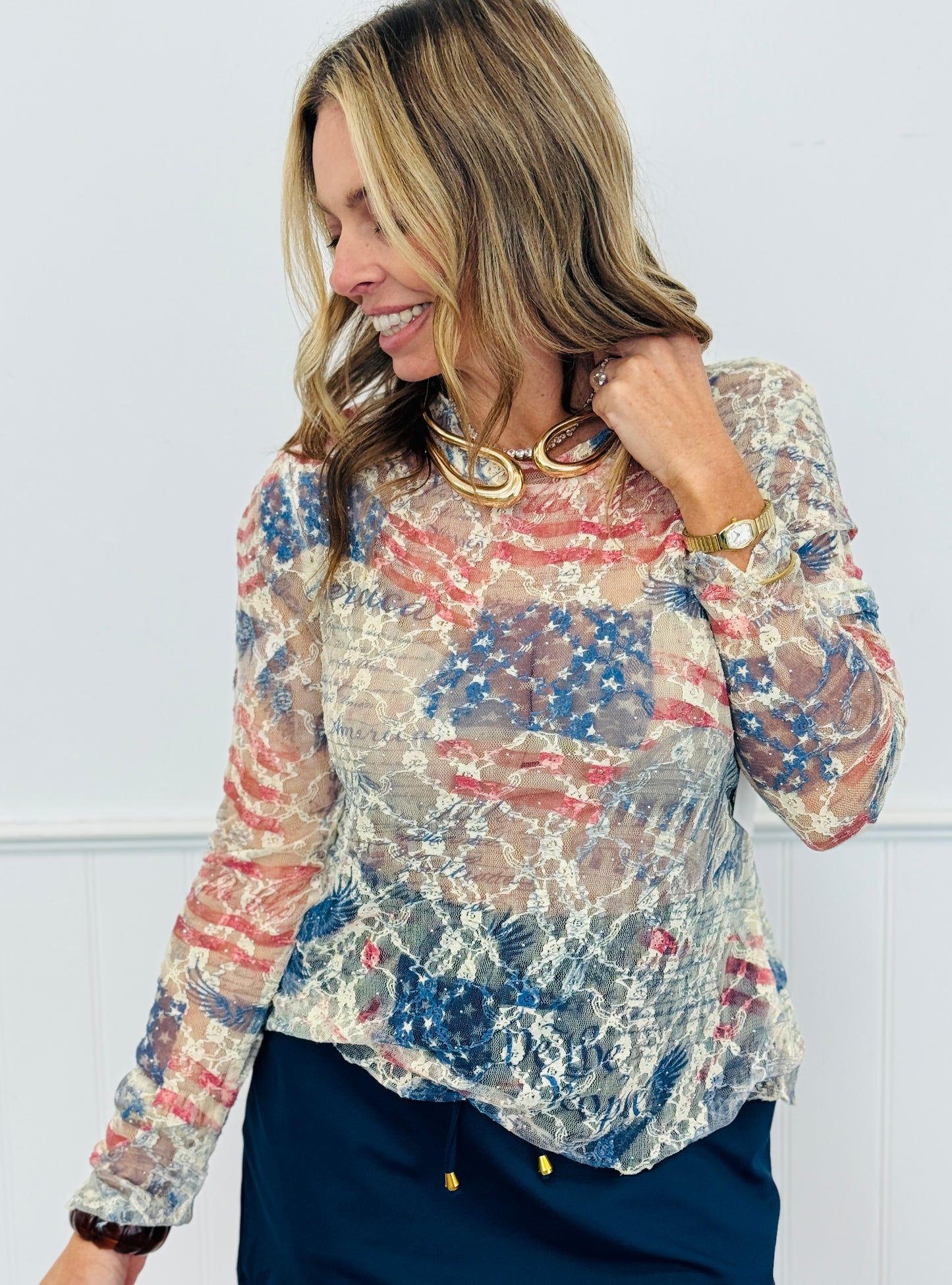 America Rhinestone Lace LS Top (Reg. and Plus)