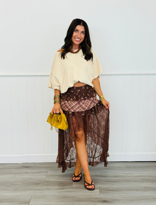 Brown Sheer Lace Print Hi-Lo Maxi Skirt (Reg & Plus)