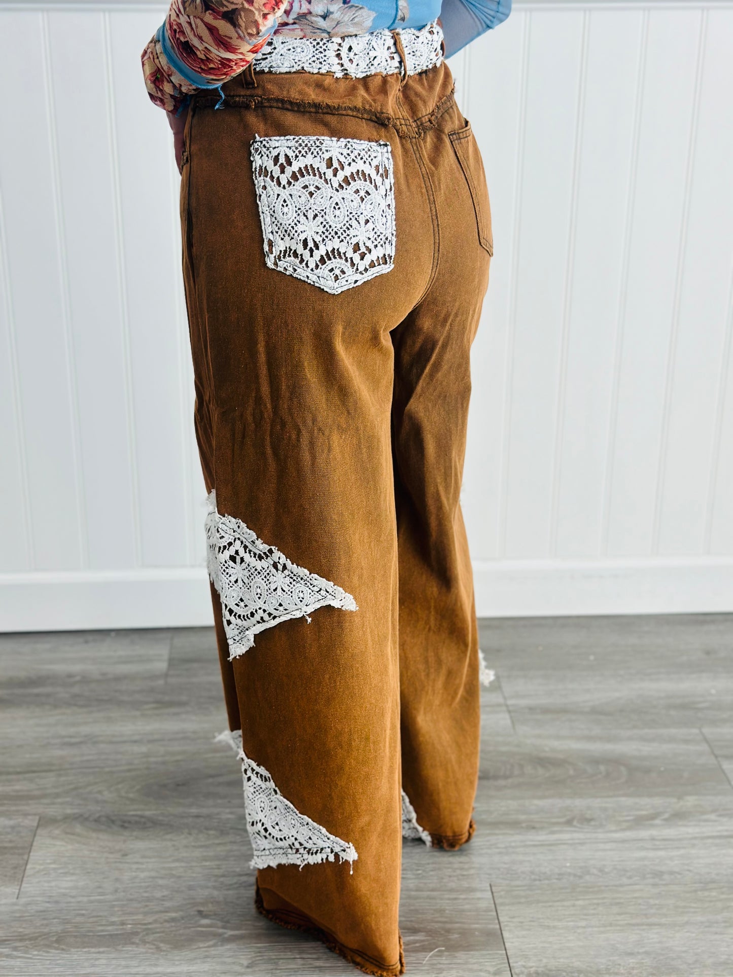 POL Rustic Brown Crochet Lace Wide Pants (Reg)