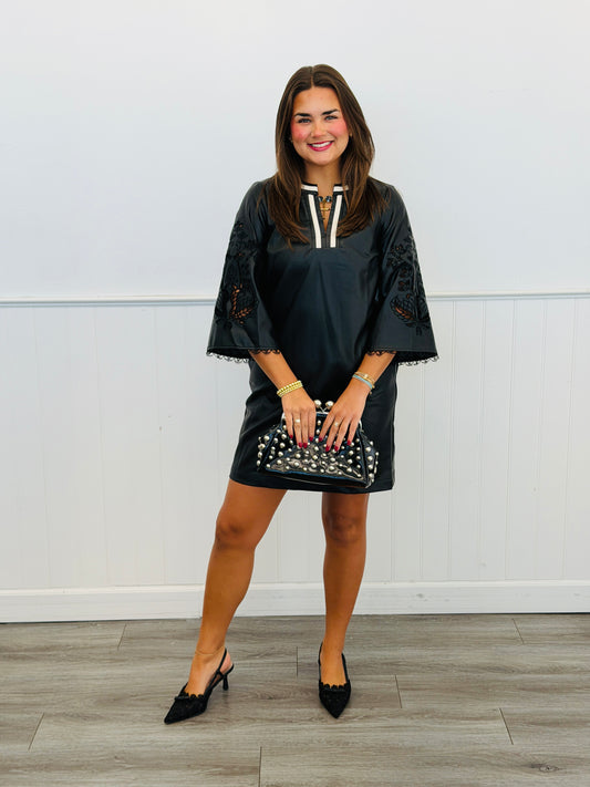 Black Leatherette Lace Sleeve Mini Dress (Reg & Plus)