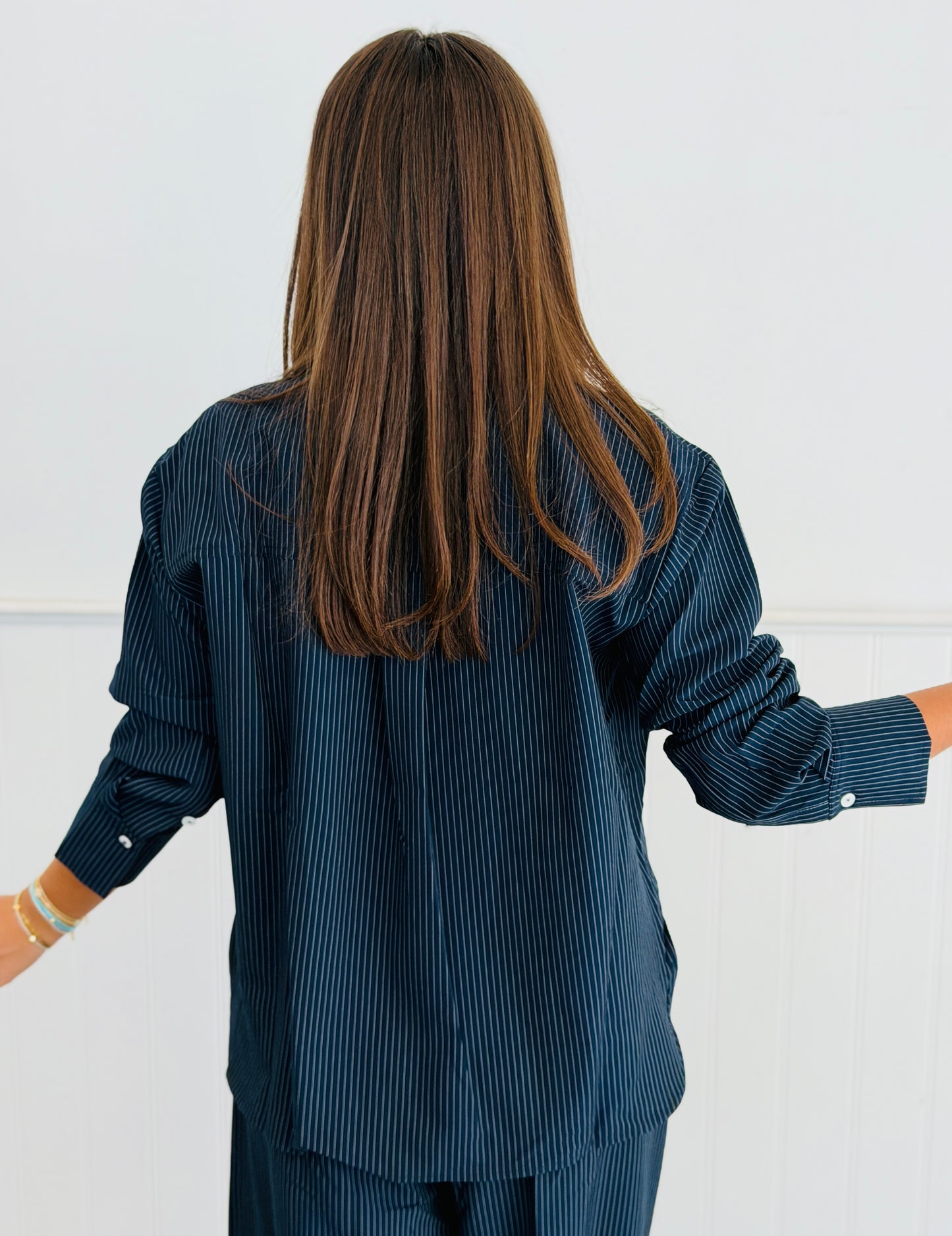 Navy Striped Button Up Pocket Blouse (Reg & Plus)